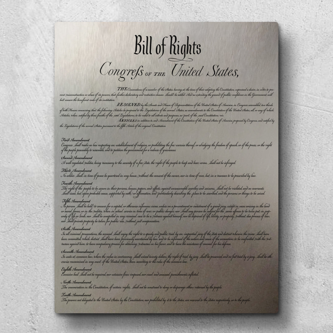 Bill of Rights wall art metal panel. First ten amendments to the Unite ...
