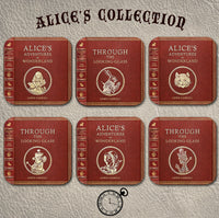 Alice in Wonderland and Through the Looking-Glass by Lewis Carroll Coaster Set. Tea Party Decor. Cheshire Cat, White Rabbit, Mad Hatter