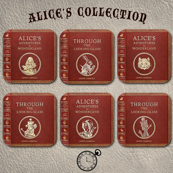 Alice in Wonderland and Through the Looking-Glass by Lewis Carroll Coaster Set. Tea Party Decor. Cheshire Cat, White Rabbit, Mad Hatter