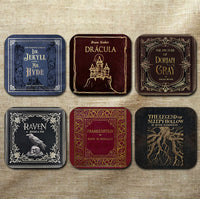 Gothic Literature Coaster Set. Dracula, Frankenstein, Sleepy Hollow, The Raven, Jekyll and Hyde, Dorian Gray. Bookish Home Decor Halloween