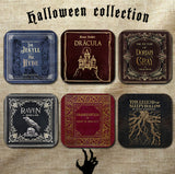 Gothic Literature Coaster Set. Dracula, Frankenstein, Sleepy Hollow, The Raven, Jekyll and Hyde, Dorian Gray. Bookish Home Decor Halloween
