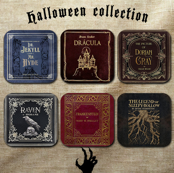 Gothic Literature Coaster Set. Dracula, Frankenstein, Sleepy Hollow, The Raven, Jekyll and Hyde, Dorian Gray. Bookish Home Decor Halloween