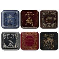 Gothic Literature Coaster Set. Dracula, Frankenstein, Sleepy Hollow, The Raven, Jekyll and Hyde, Dorian Gray. Bookish Home Decor Halloween