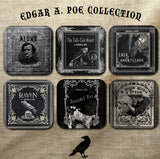Edgar Allan Poe Coaster Set: The Raven, Tell-Tale Heart, Annabel Lee, Cask of Amontillado, Alone, Dream Within a Dream, Gothic Literary Gift
