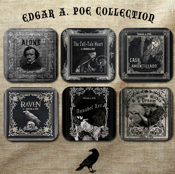 Edgar Allan Poe Coaster Set: The Raven, Tell-Tale Heart, Annabel Lee, Cask of Amontillado, Alone, Dream Within a Dream, Gothic Literary Gift