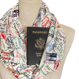 Travel Infinity Scarf with Hidden Zipper Pocket, Passport Stamp Scarf, World Travel, Travel Gift, Passport Holder Scarf, Gift for Traveler