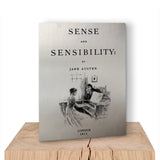 Sense and Sensibility by Jane Austen wall art metal panel. Literary Wall art with Sense and Sensibility book design. Literary Gift