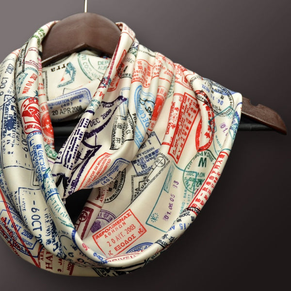 Traveler scarf, Infinity Scarf with passport stamps,  Flight attendant gift, Travel Agent gift