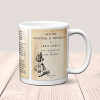 Alice in Wonderland by Lewis Carroll Mug. Coffee Mug with pages of Lewis Carroll's "Alice's Adventures in Wonderland" book, Literary Mug