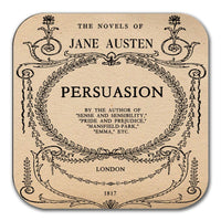 4 coasters with Most Popular Novels by Jane Austen. Pride and Prejudice, Emma, Sense and Sensibility and Persuasion.4 Coasters with stand.