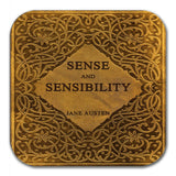4 coasters with Most Popular Novels by Jane Austen. Pride and Prejudice, Emma, Sense and Sensibility and Persuasion.4 Coasters with stand.