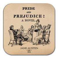 4 coasters with Most Popular Novels by Jane Austen. Pride and Prejudice, Emma, Sense and Sensibility and Persuasion.4 Coasters with stand.