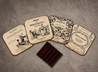 4 coasters with Most Popular Novels by Jane Austen. Pride and Prejudice, Emma, Sense and Sensibility and Persuasion.4 Coasters with stand.