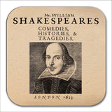 William Shakespeare Coaster. Coffee Mug Coaster with Shakespeares comedies, histories, & tragedies Title Page design.