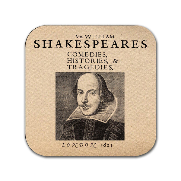 William Shakespeare Coaster. Coffee Mug Coaster with Shakespeares comedies, histories, & tragedies Title Page design.