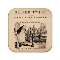 6 coasters with Novels by Charles Dickens. Oliver Twist, David Copperfield, A Tale of Two Cities, Great Expectations, A Christmas Carol.