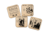 4 coasters with Sherlock Holmes Novels by Arthur Conan Doyle. Sign of the Four, Valley of Fear, A Study in Scarlet, Hound of Baskervilles