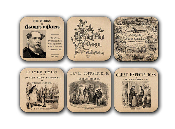 6 coasters with Novels by Charles Dickens. Oliver Twist, David Copperfield, A Tale of Two Cities, Great Expectations, A Christmas Carol.