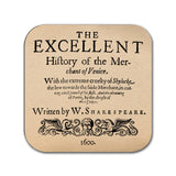 6 coasters with plays by William Shakespeare. Hamlet, Romeo and Juliet, King Lear, Macbeth, The Merchant of Venice