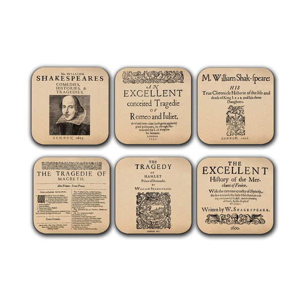 6 coasters with plays by William Shakespeare. Hamlet, Romeo and Juliet, King Lear, Macbeth, The Merchant of Venice
