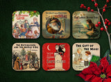 6 coasters with Christmas stories. A Christmas Carol, The Night before Christmas, The Little Match Girl, The Nutcracker, The Gift of Magi