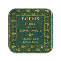 4 coasters with Most Popular Novels and Poems by Bronte Sisters. Jane Eyre, Wuthering Heights, The Tenant of Wildfell Hall .