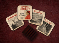 Set of "The Divine Comedy" coasters with Stand. 4 Coffee Mug Coasters with The Divine Comedy by Dante Alighieri design, Bookish Gift